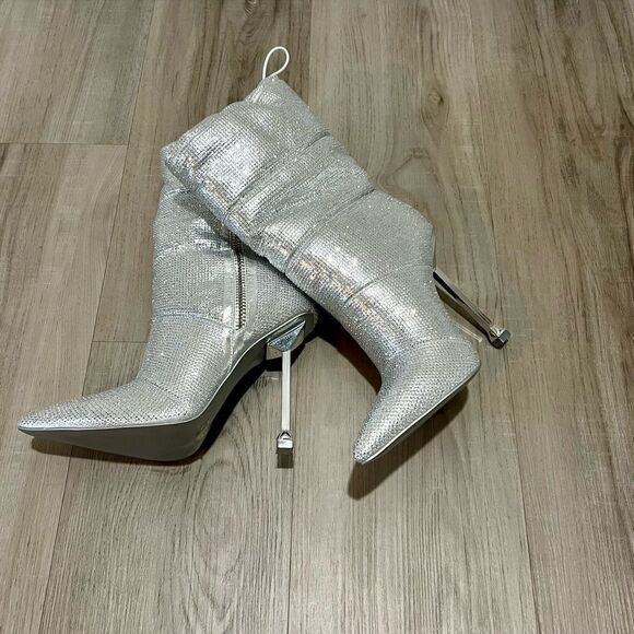 NWOB Azalea Wang Stepping Out silver rhinestone heeled puffer bootie sz 6.5 - Picture 3 of 9
